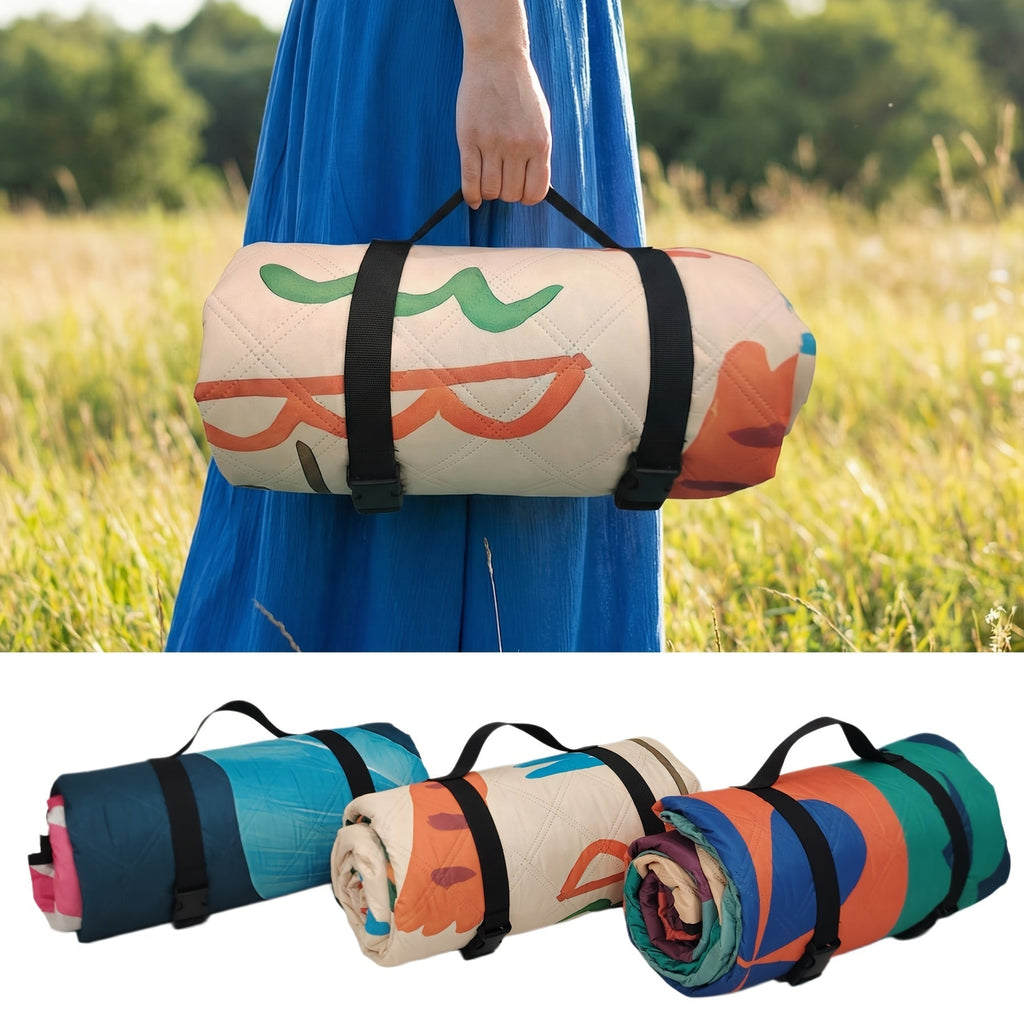 Large Padded Picnic Blanket with Carry Straps in Geometric, Palm-Village or Tropical Leaf Prints — image 1
