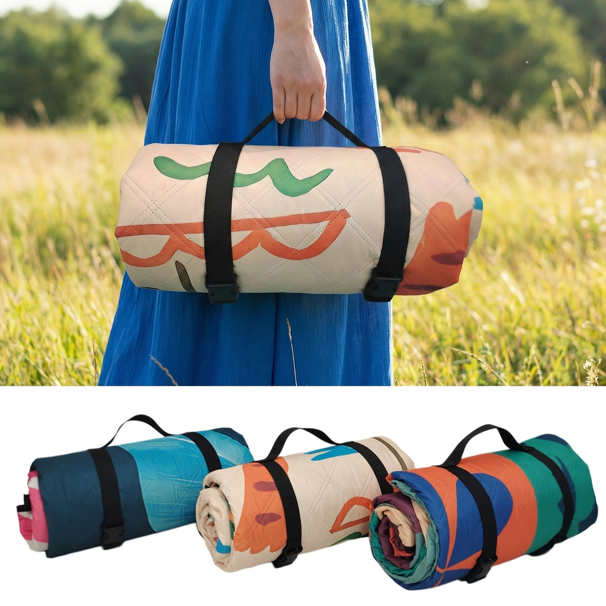 Large Padded Picnic Blanket with Carry Straps in Geometric, Palm-Village or Tropical Leaf Prints — image 1