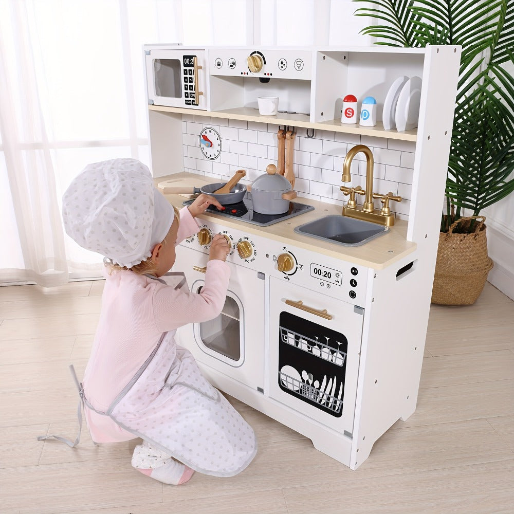 Kids Play Kitchen Set with Sink Oven Stove Dishwasher Coffee Maker Ice Maker Microwave for Home Cooking, Dining and Outdoor M