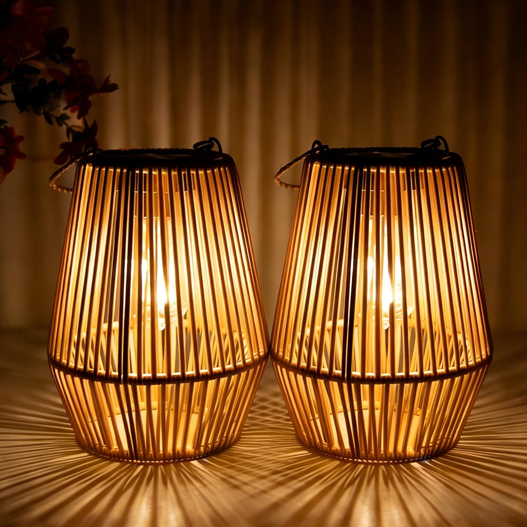 Solar Outdoor Lights Bohemian Bamboo Hanging Lanterns, Warm White, 1/2/4 Piece Sets for Patio Decor — image 2