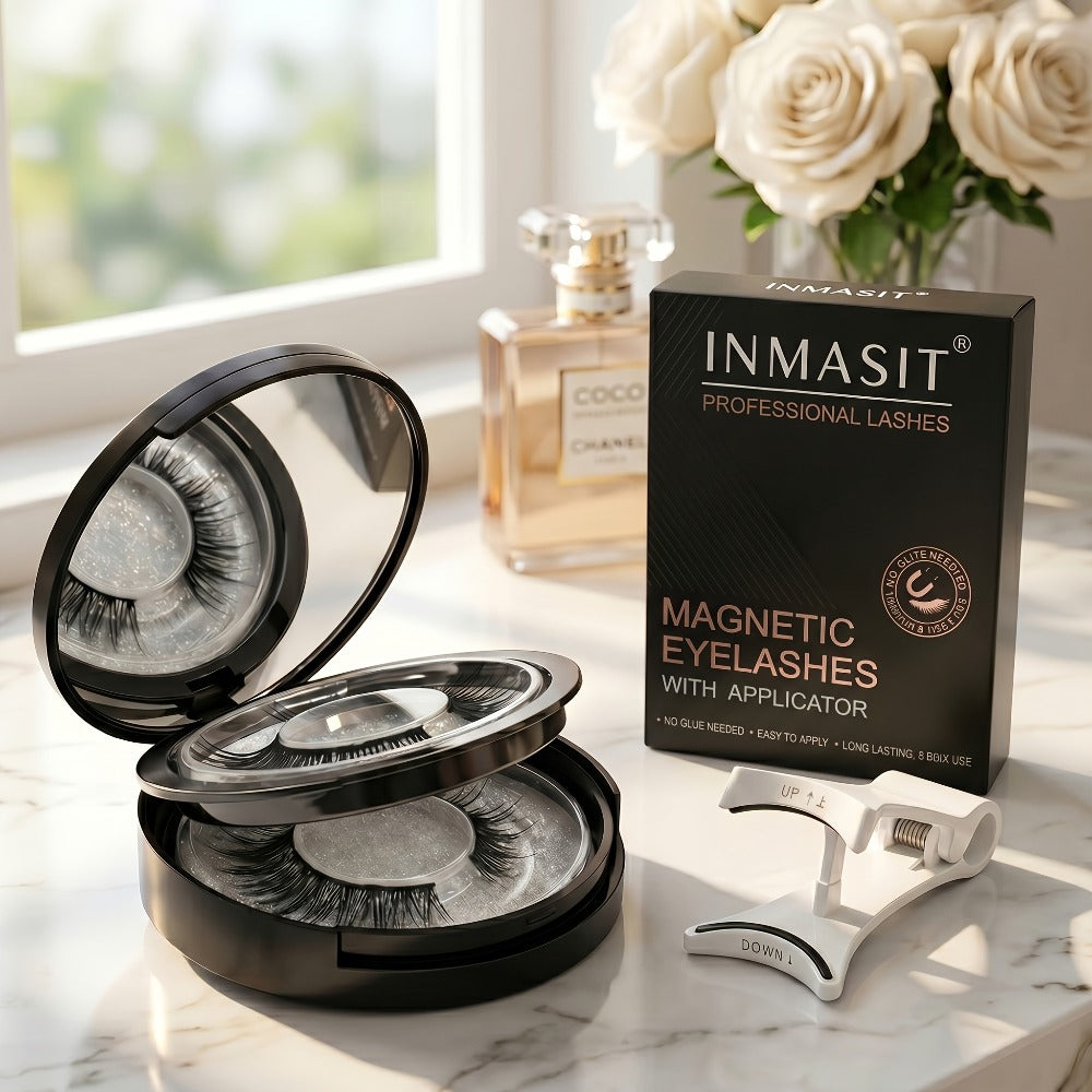 INMASIT Magnetic False Eyelashes Set with Round Storage Case and Applicator in Black or Pink — image 4