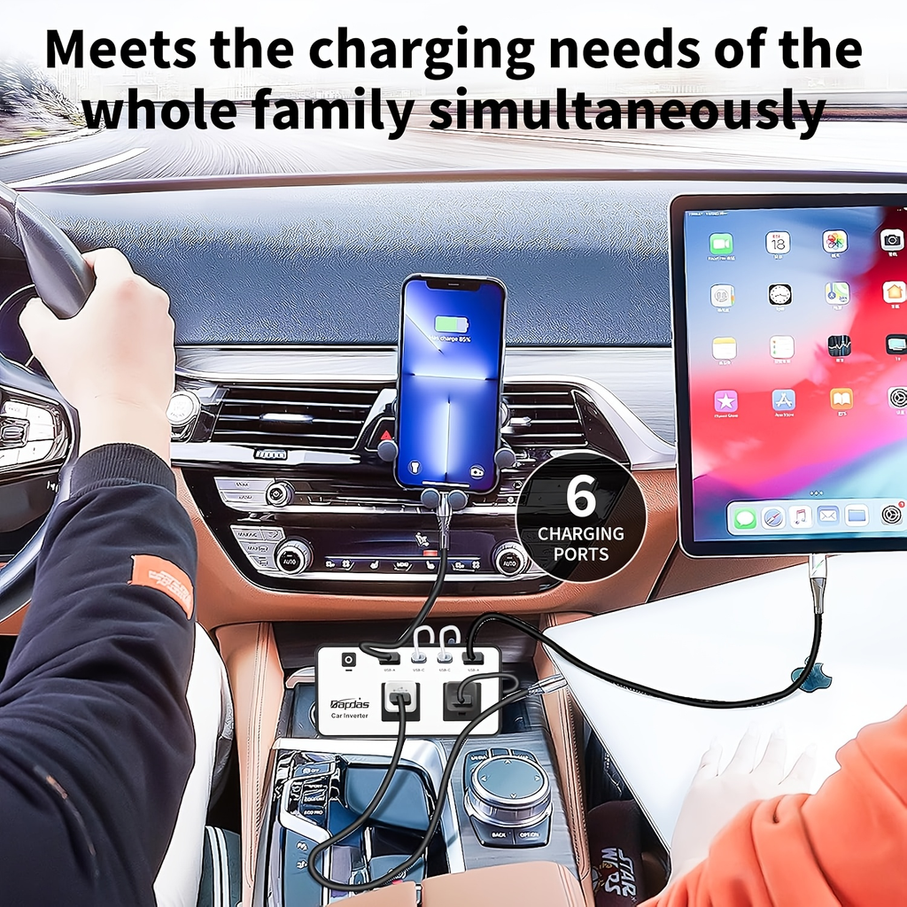 Car Inverter 200W DC 12V to AC 110V with Dual AC Outlets 24W USB-C Fast Charging 4 USB Ports Portable for Garden, Patio and Y