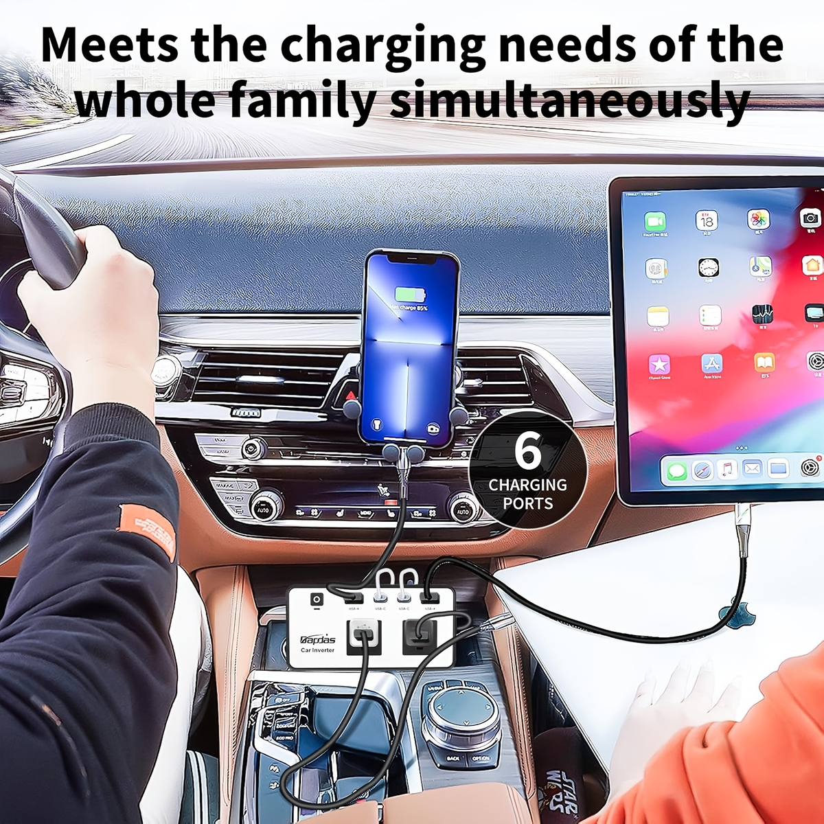 Car Inverter 200W DC 12V to AC 110V with Dual AC Outlets 24W USB-C Fast Charging 4 USB Ports Portable for Garden, Patio and Y