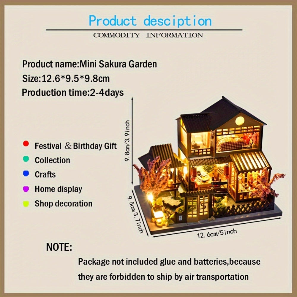 DIY Miniature Dollhouse Kit Sakura Garden Japanese Style, Wooden Tiny House with Tatami Flooring & Furniture — image 6
