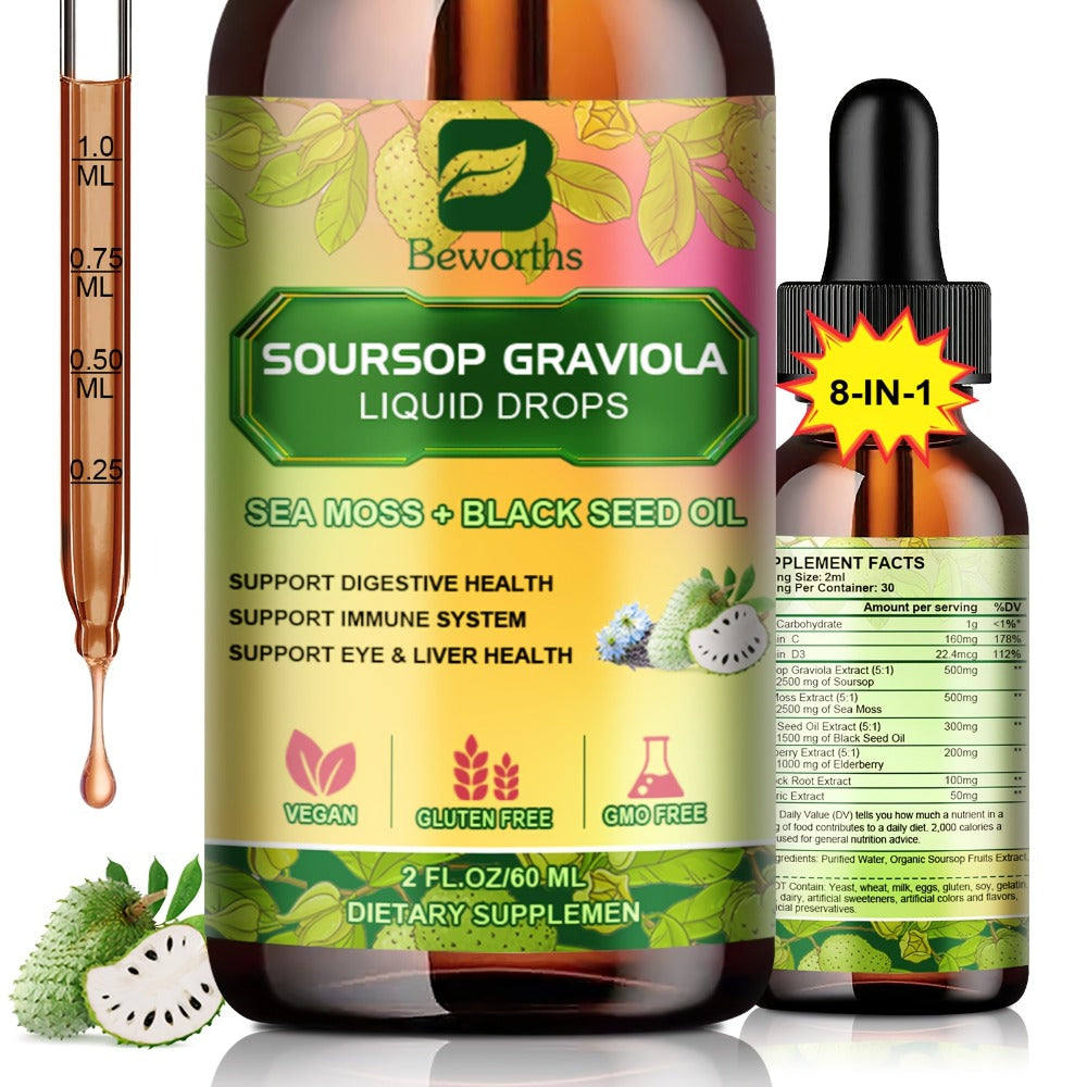 [8-IN-1 Soursop Drops] 1/3 Bottles 8-IN-1 Soursop Liquid Drops, Graviola Leaf & Fruit Complex Supplement With Sea Moss — imag