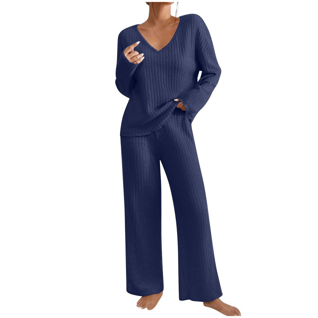 Long Sleeve V-neck Knitted Sunken Stripe Brushed Loose Leisure Suit