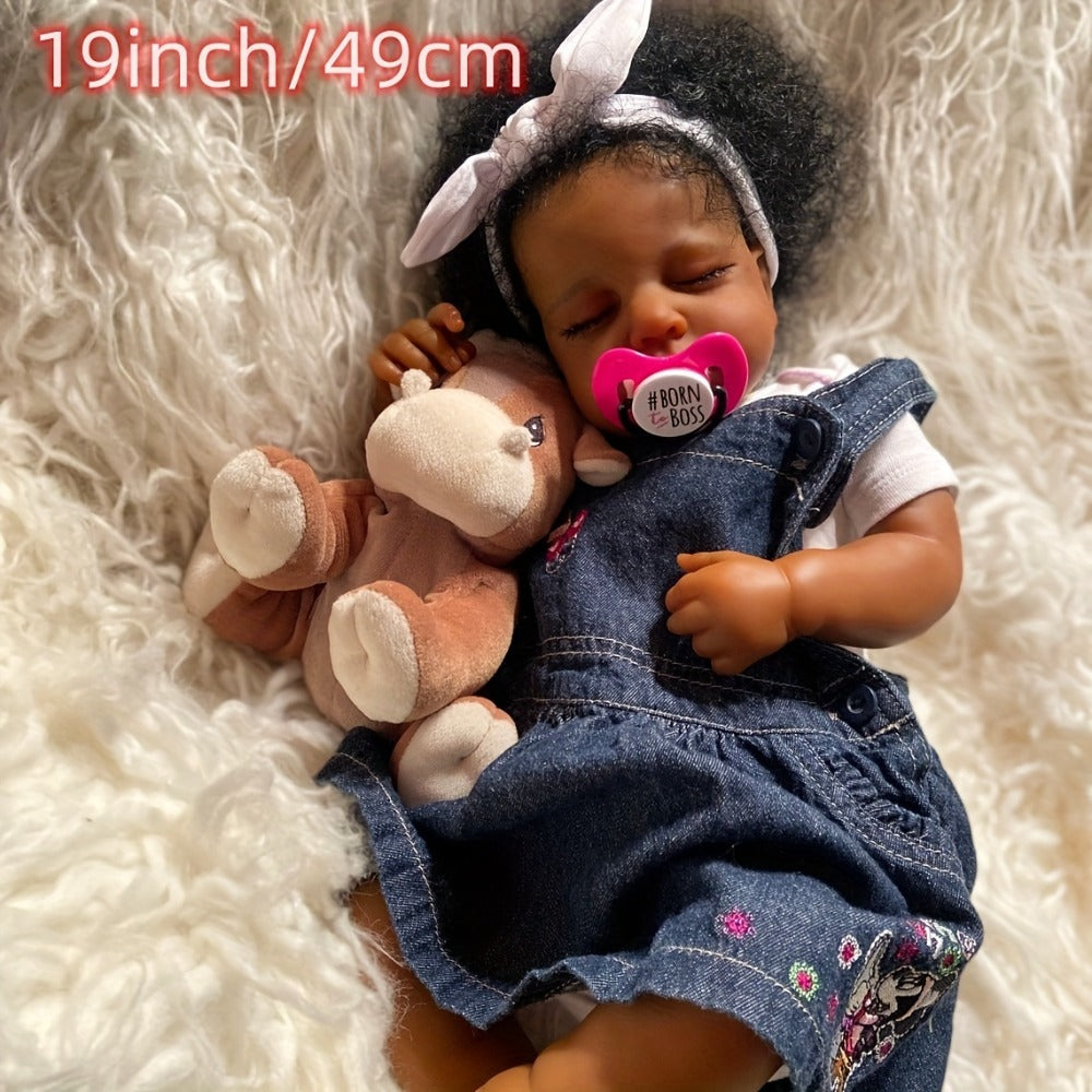 Reborn Baby Doll 19 Inch Curly Blue Hair with Sleeping Sounds Cloth Body & Lifelike Weight — image 3