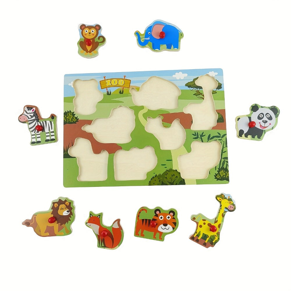 Four-Board Wooden Peg Puzzle Set with Colorful Animal Scenes and Red Knob Pieces for Matching Play — image 4