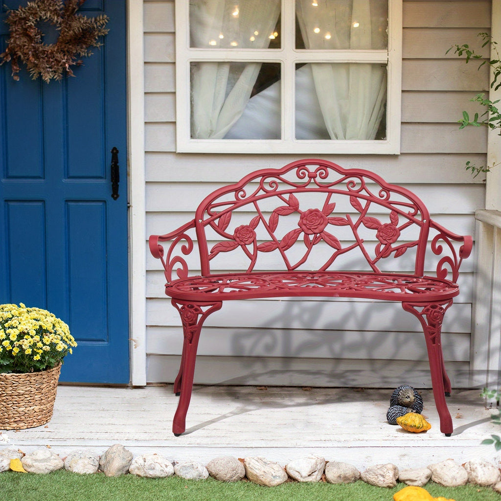 Floral Metal Outdoor Bench with 38.5in Rose-Pattern Seat and Back, Curved Arms and Four Color Options — image 2