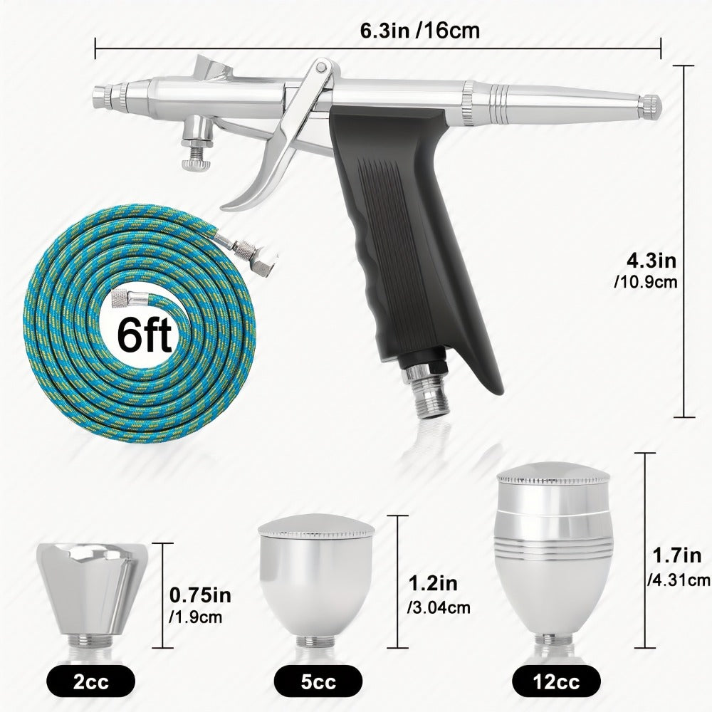 Double-Action Trigger Airbrush Kit with 0.3, 0.5 and 0.8 mm Nozzles, Three Cups and Pictured 6 ft Hose — image 6