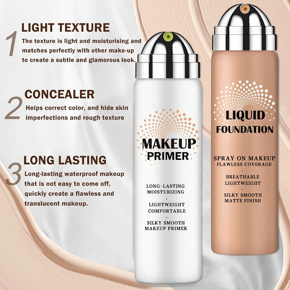 Liquid Foundation & Primer Set for Mature Skin 3-in-1 CC Cream BB Cream Silky Smooth Formula, for Makeup, Travel and Everyday