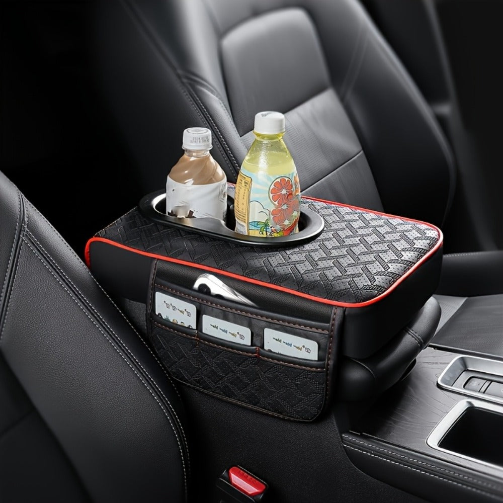 Car Center Console Cover PU Leather – Universal Armrest Box Mat with 2 Cup Holders & 2 Side Pockets, Phone & Card Storage — i
