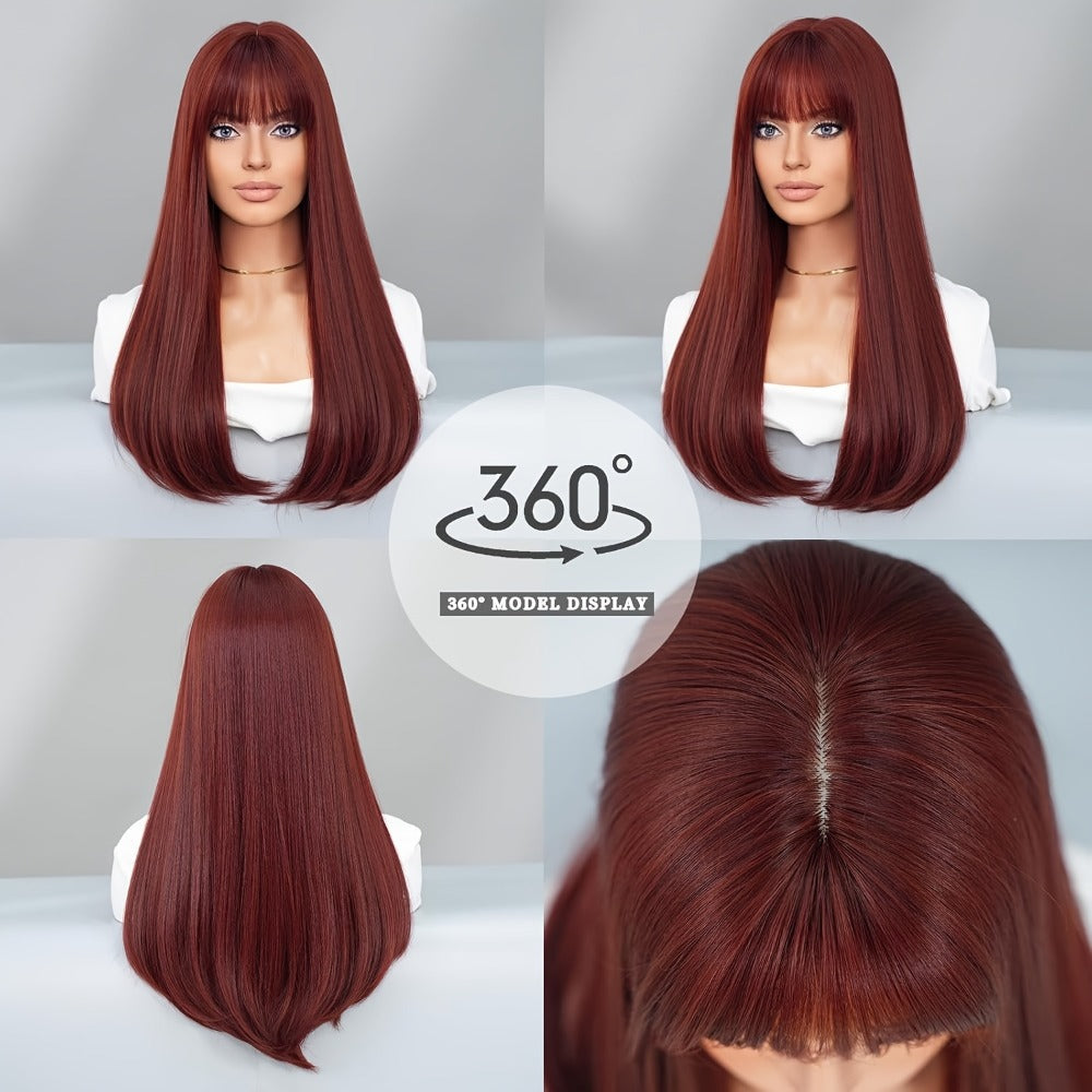 Long Straight Wig with Bangs Burgundy Wine Red 28 Inch Synthetic Heat Resistant Lightweight for Women Daily Wear Holiday Part