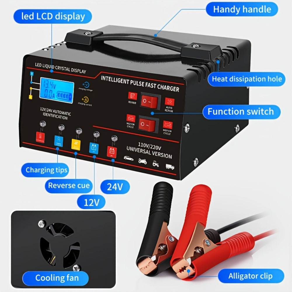 AF01 12 V and 24 V Battery Charger with LCD Display, Alligator Clamps, Carry Handle and Cooling Fan — image 4