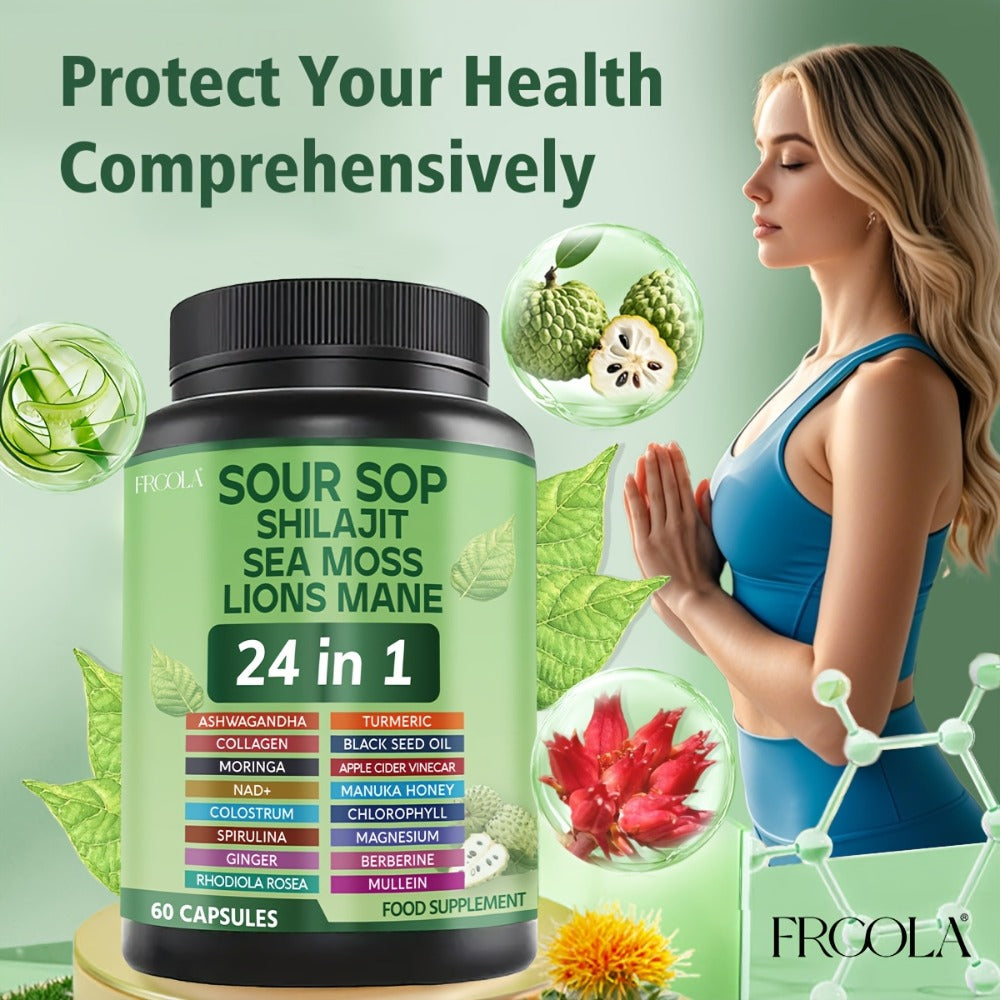 Soursop Graviola Supplement Capsules 24-in-1 with Sea Moss, Shilajit, Lion’s Mane, Vitamin D3, Black Seed Oil — image 1