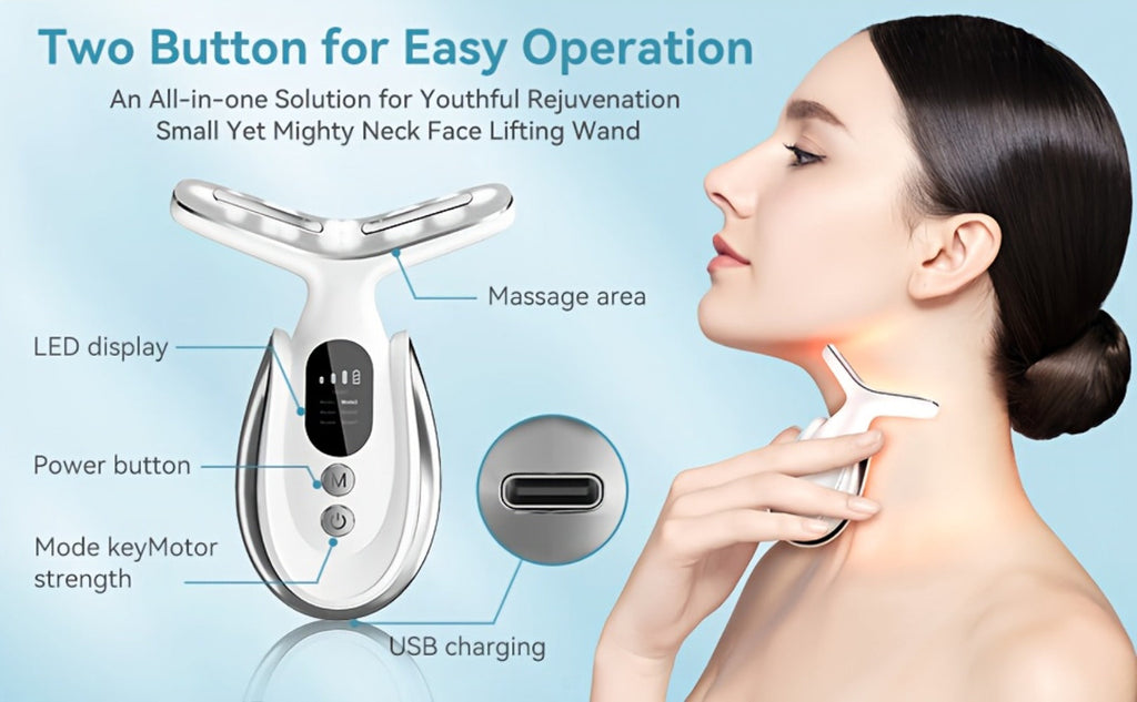 Face & Neck Massager 7-in-1 LED Light Therapy USB Rechargeable - Multifunctional Facial Lifting Wrinkle for Home or Salon Spa