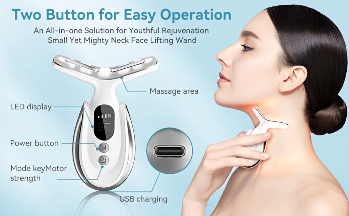 Face & Neck Massager 7-in-1 LED Light Therapy USB Rechargeable - Multifunctional Facial Lifting Wrinkle for Home or Salon Spa
