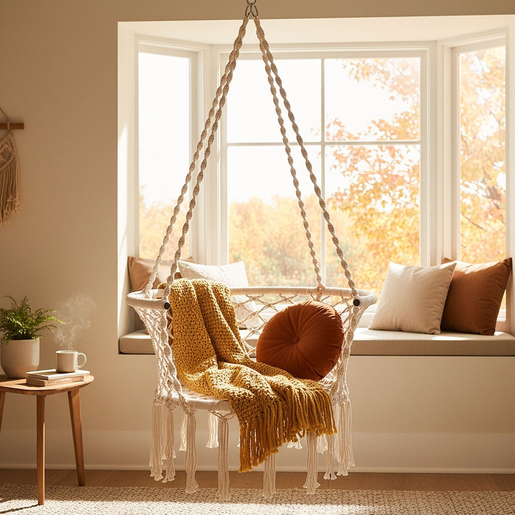 Beige Macrame Hammock Chair with Cotton Rope, Metal Frame and 31.5 x 26-Inch Hanging Seat Design — image 1