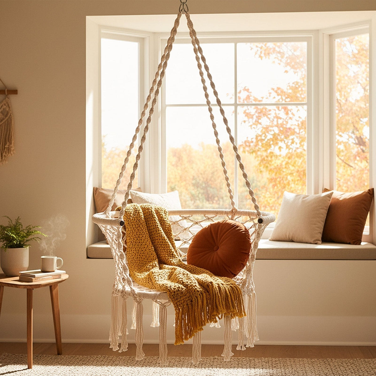 Beige Macrame Hammock Chair with Cotton Rope, Metal Frame and 31.5 x 26-Inch Hanging Seat Design — image 1
