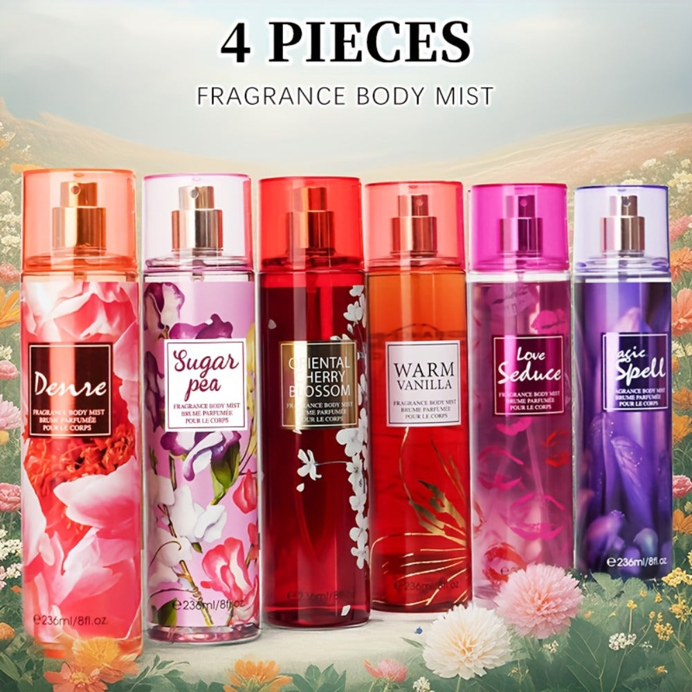 Body Spray for Women 4-Pack 8.4oz Each Hair Body Fragrance Mist Set 20 Floral Fruity Scents Daily Use Gift Value Bundle 250ml
