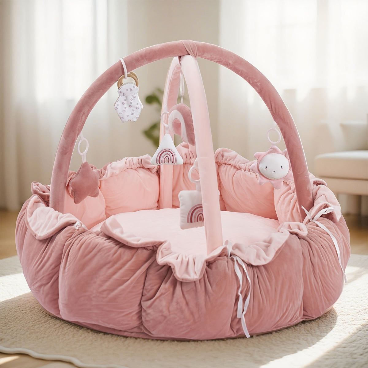 Convertible Round Pet Play Mat and Bed with Raised Sides, Removable Arches and Six Hanging Toys — image 11