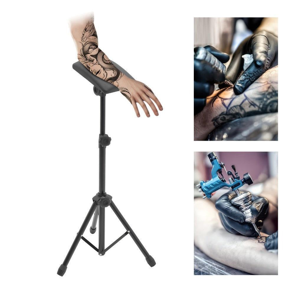 Tattoo Armrest Stand Adjustable Tripod with 15 Disposable Pads & 10 Gloves – 180° PU Padded Arm Leg Rest Portable Collapsible