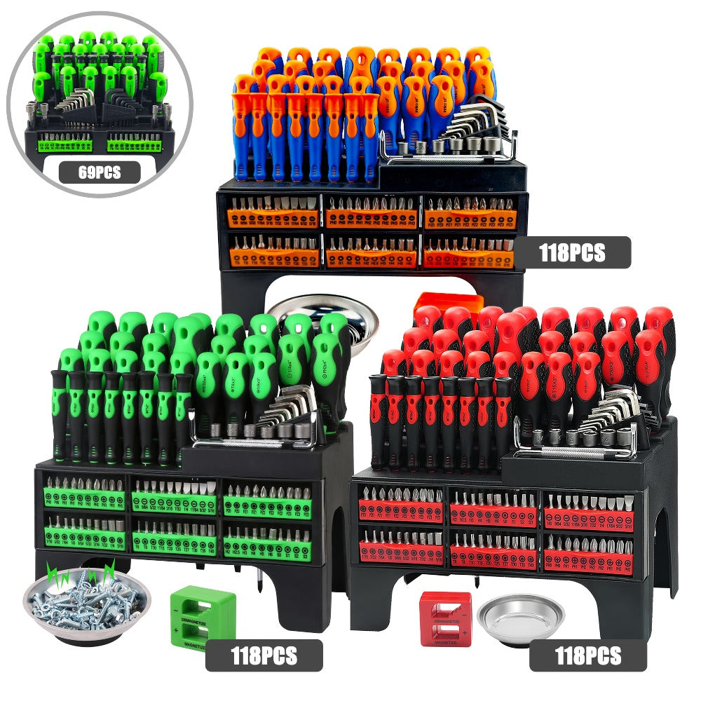 Screwdriver Organizer Set with 69- or 118-Piece Rack Configurations in Green, Red or Orange and Blue — image 2