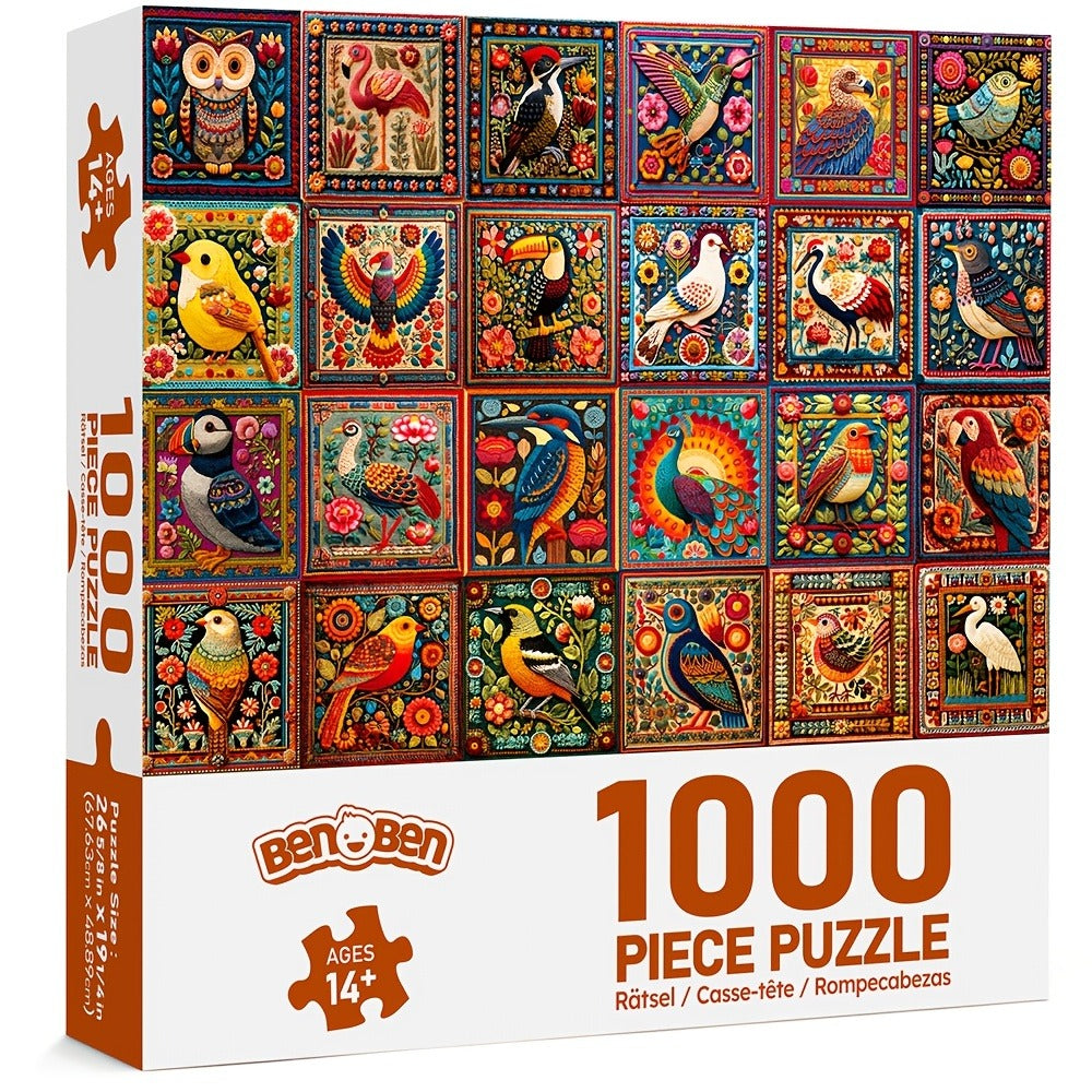 1000 Piece Bird Puzzle for Adults Bird Crochet Design – Challenging Animal Jigsaw with Letters on Back, Family Game Night Hom