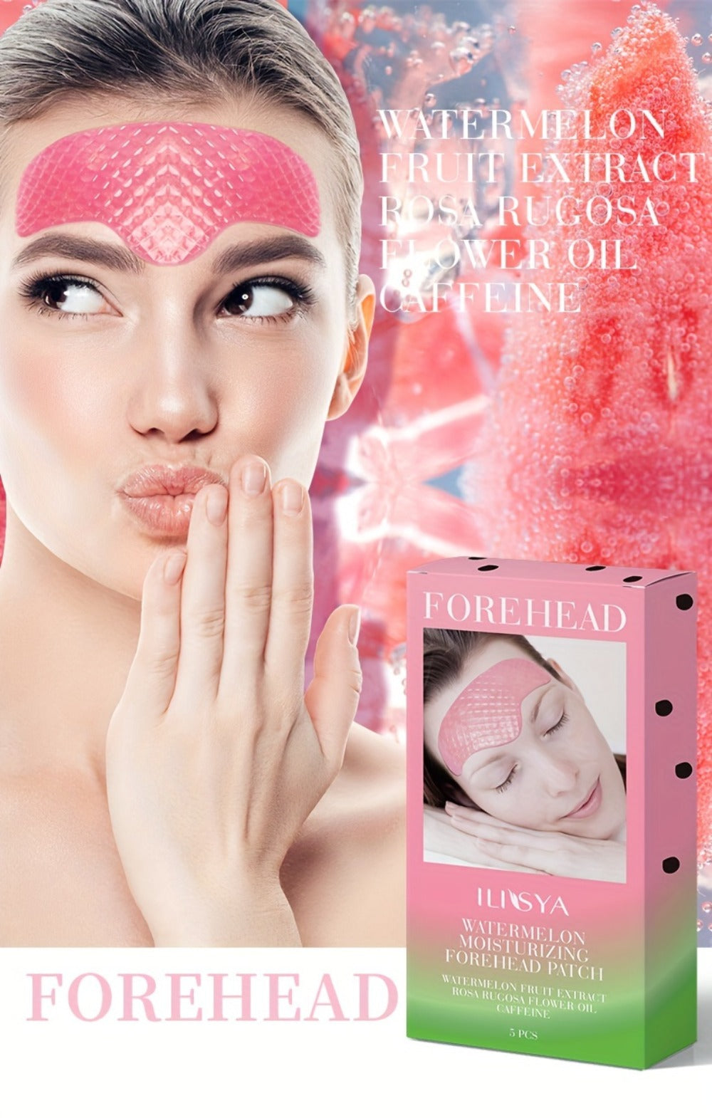 Watermelon Forehead Patches 15pcs Caffeine Collagen Niacinamide Ultra Hydrating Moisturizing Brightening De-Puffing Daily Fac