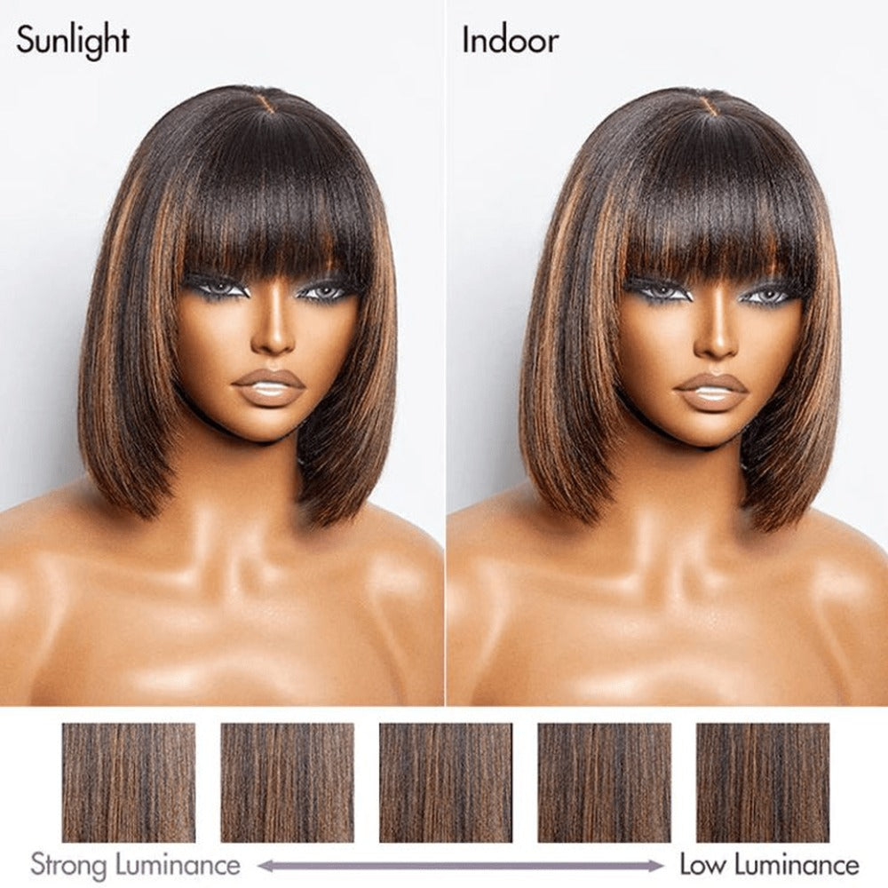 Straight Bob Wig with Bangs Human Hair 3x1 Lace Part Pre-Plucked Glueless Brazilian Short Bob 150 Density 1B/30 Highlight Nat
