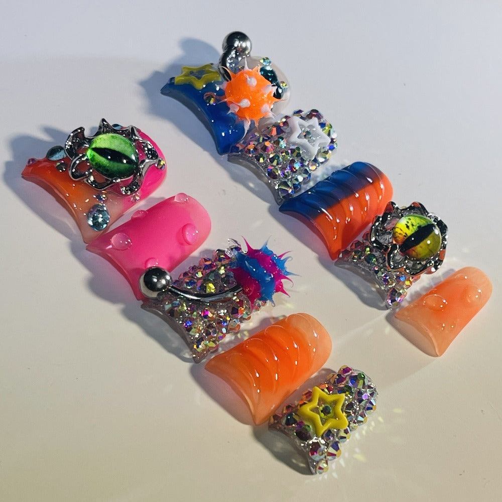 Press On Nails Handmade Y2K Duckbill Set with 3D Eye Barbell Star Rhinestone Charms and S M L Sizes — image 16