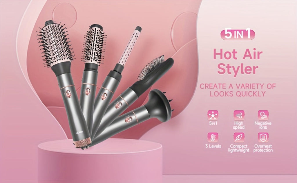 5-in-1 Hot Air Styling Comb Set Negative Ion Hair Dryer Brush with 5 Interchangeable Heads, for Home, Travel and Salon Hair S