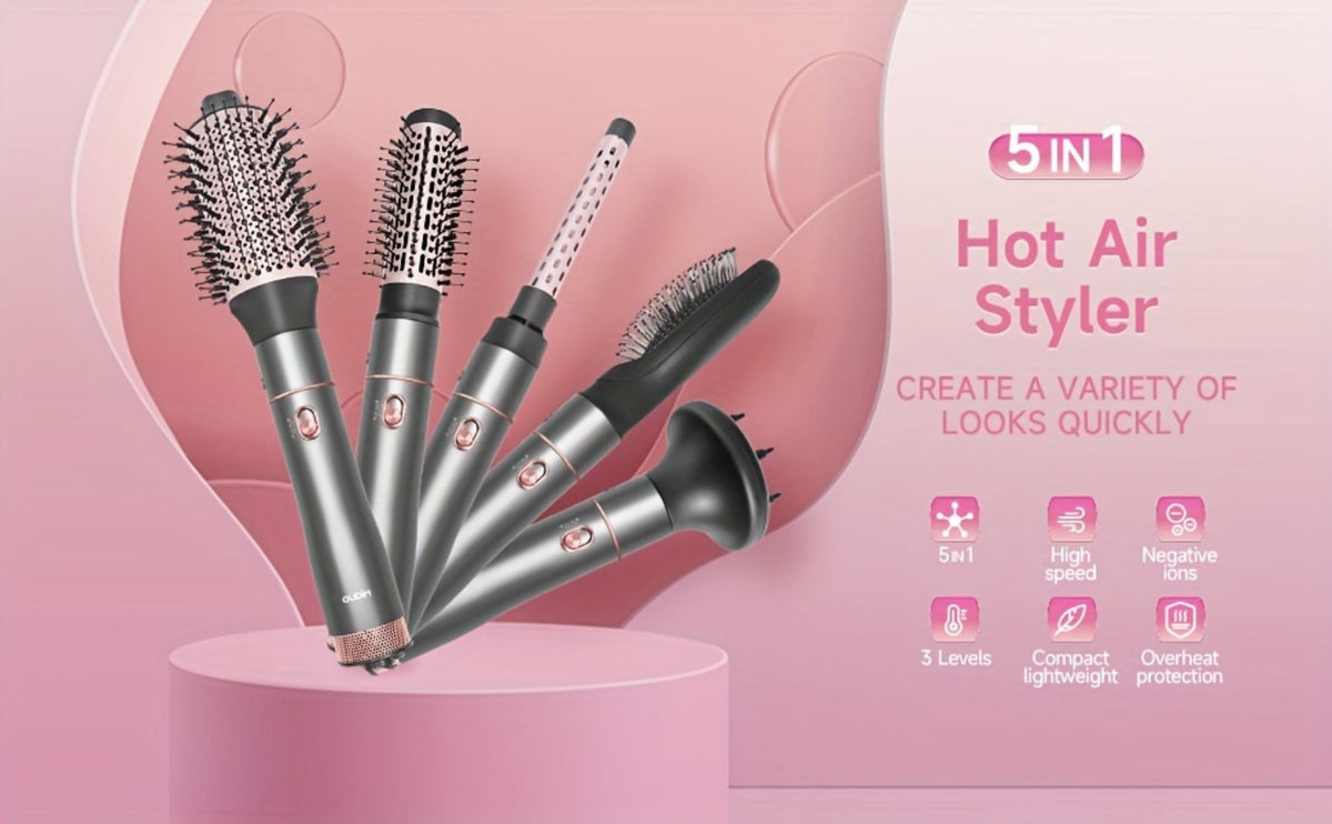 5-in-1 Hot Air Styling Comb Set Negative Ion Hair Dryer Brush with 5 Interchangeable Heads, for Home, Travel and Salon Hair S