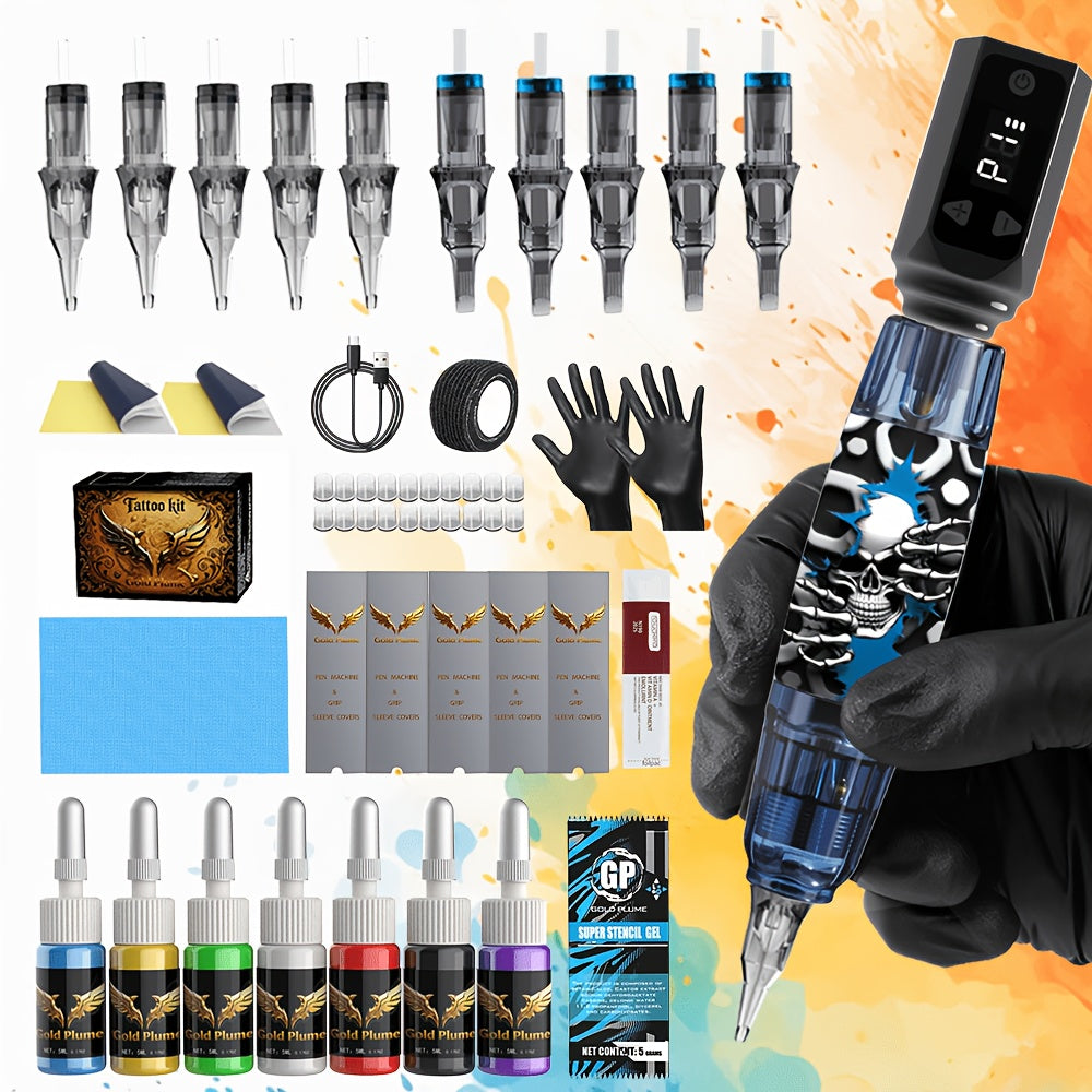 Tattoo Machine Kit GOLDPLUME TM-69 or TM-70 Wireless Rotary Pen with Power Supply, 10 Cartridges and 7 Inks — image 1
