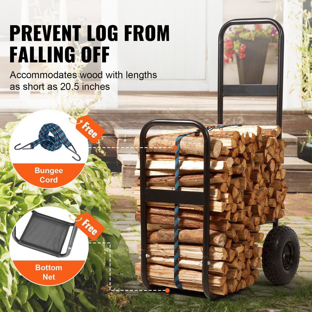 Firewood Log Cart, Carbon Steel Wood Carrier with Pneumatic Rubber Wheels for Garden, Patio and Yard Use — image 4