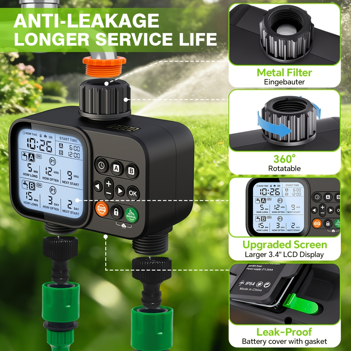 Automatic Drip Irrigation Timer Smart Garden Watering Controller 2-Zone, for Garden, Lawn and Yard Watering — image 6