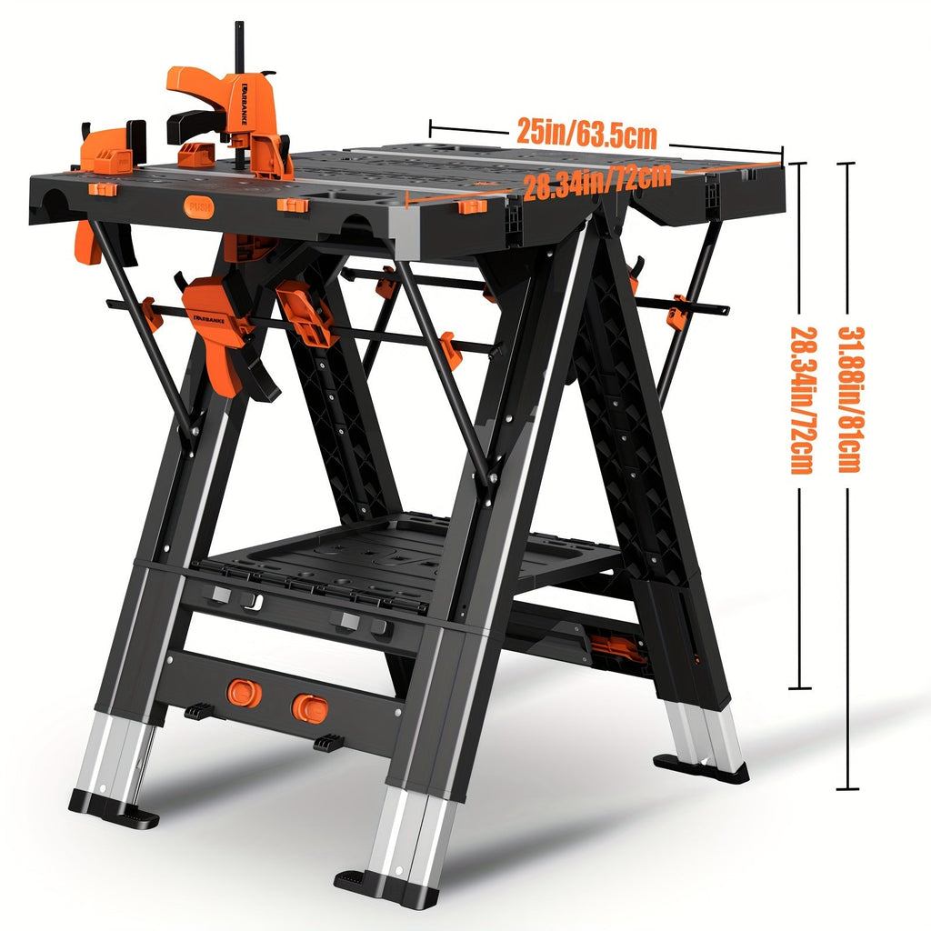 Folding Workbench 2-in-1 Portable Work Table, Height-Adjustable Sawhorse Workbench with 4 Woodworking Clamps — image 2
