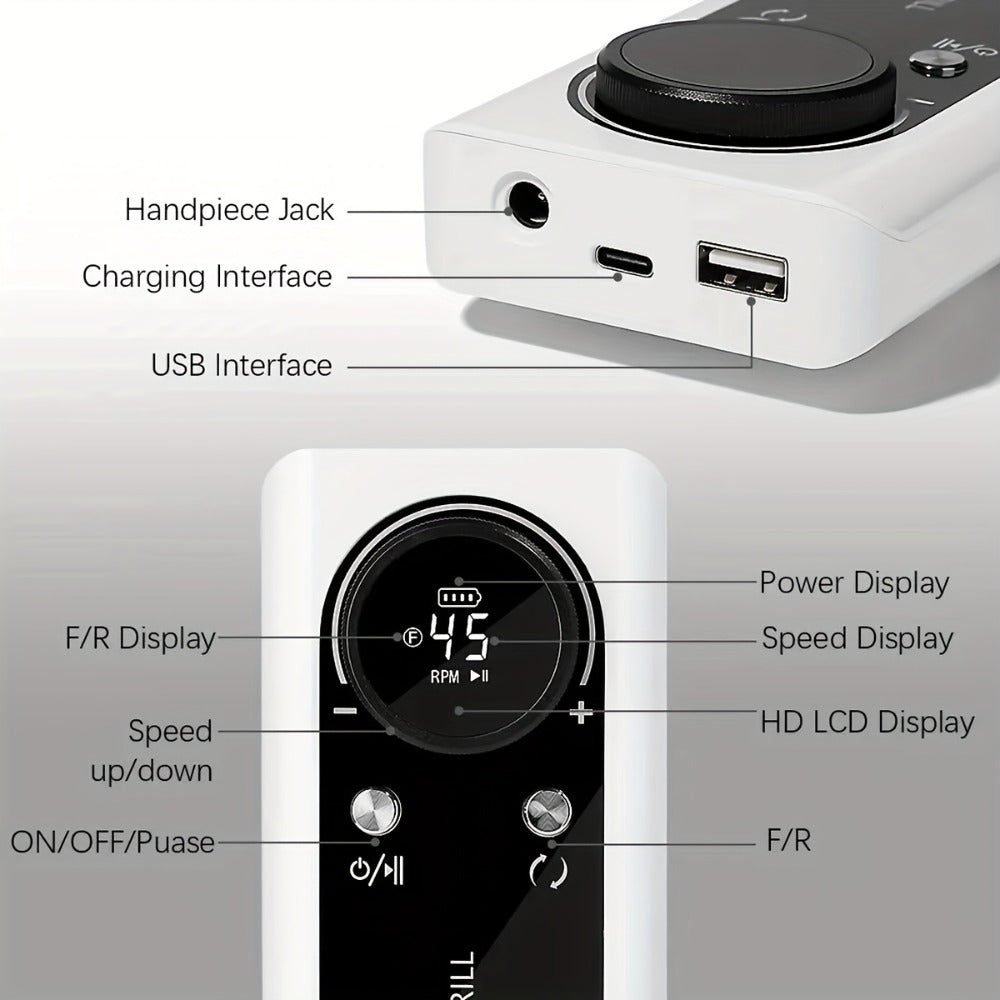 Low Noise Nail Drill Machine 45000RPM Rechargeable with LCD Display – Quiet Electric E-File for Gel Polish Acrylic Natural Na