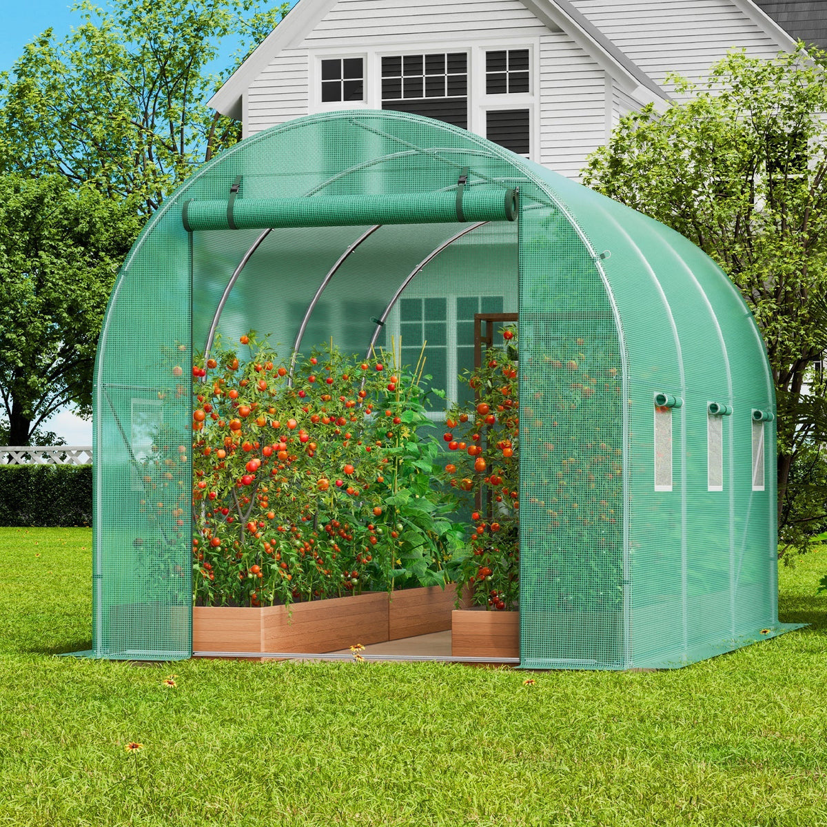 10- to 20-Foot Tunnel Greenhouse with Green Cover, Roll-Up Door and Size-Specific Vent Windows — image 3
