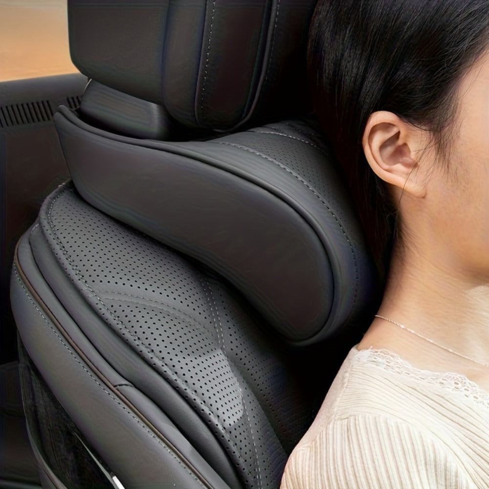 Car Neck Pillow Nappa Leather Headrest – Memory Foam Lumbar Support with Embroidery, All-Season Universal Car Interior Access