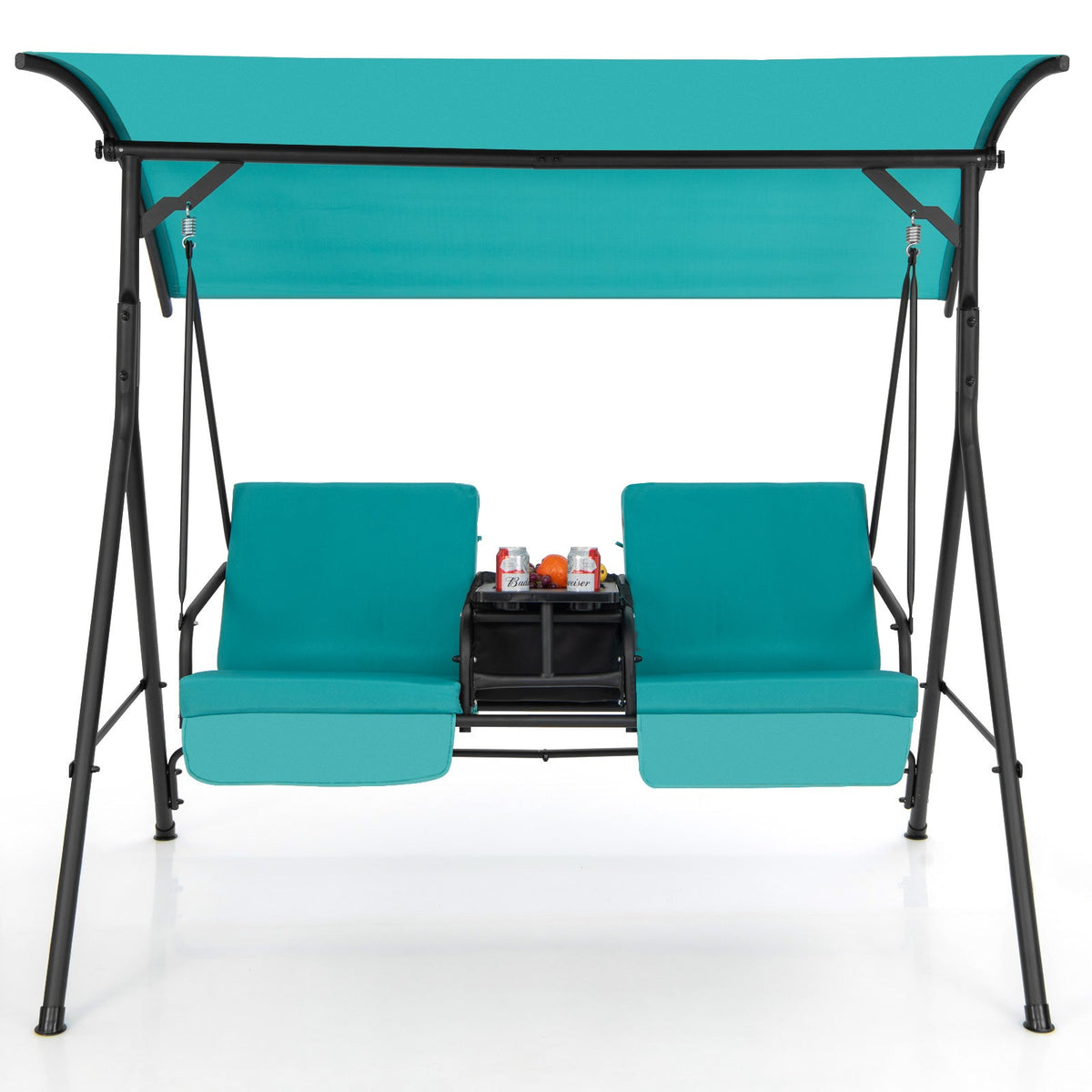 Patio Canopy Swing 2-Person with Cooler Bag Rotatable Tray Cushions 529lbs Backyard — image 4