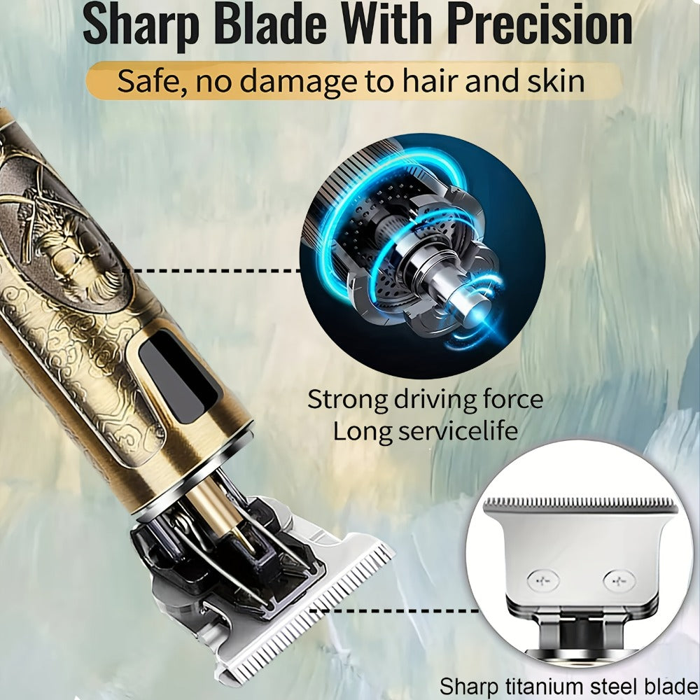 LED Hair Trimmer for Men – T-Blade USB Rechargeable 2000mAh, Vintage Dragon & Mustache Design, 4 Guide Combs, Cordless Precis