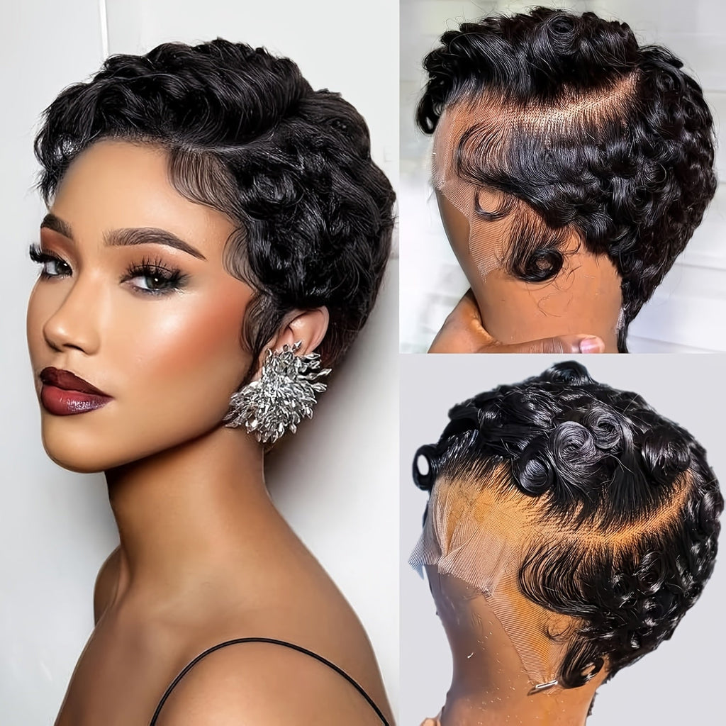 Pixie Cut Wig Human Hair 13x4 HD Lace Front Short Curly Body Wave Loose Deep Wave Finger Wave, for Home, Travel and Salon Hai