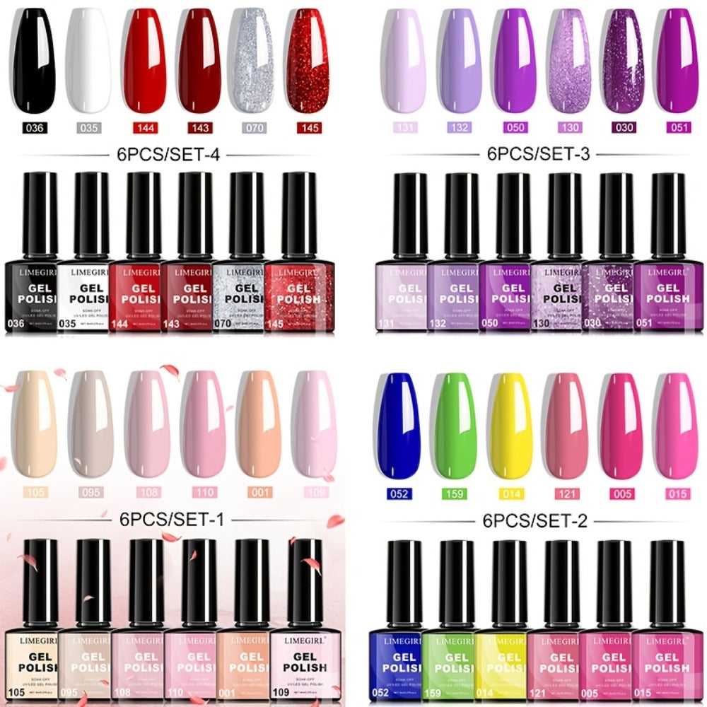 Gel Nail Polish Set with LIMEGIRL Label, 6 Fall Winter Glitter and Solid Colors, Two Palettes — image 1