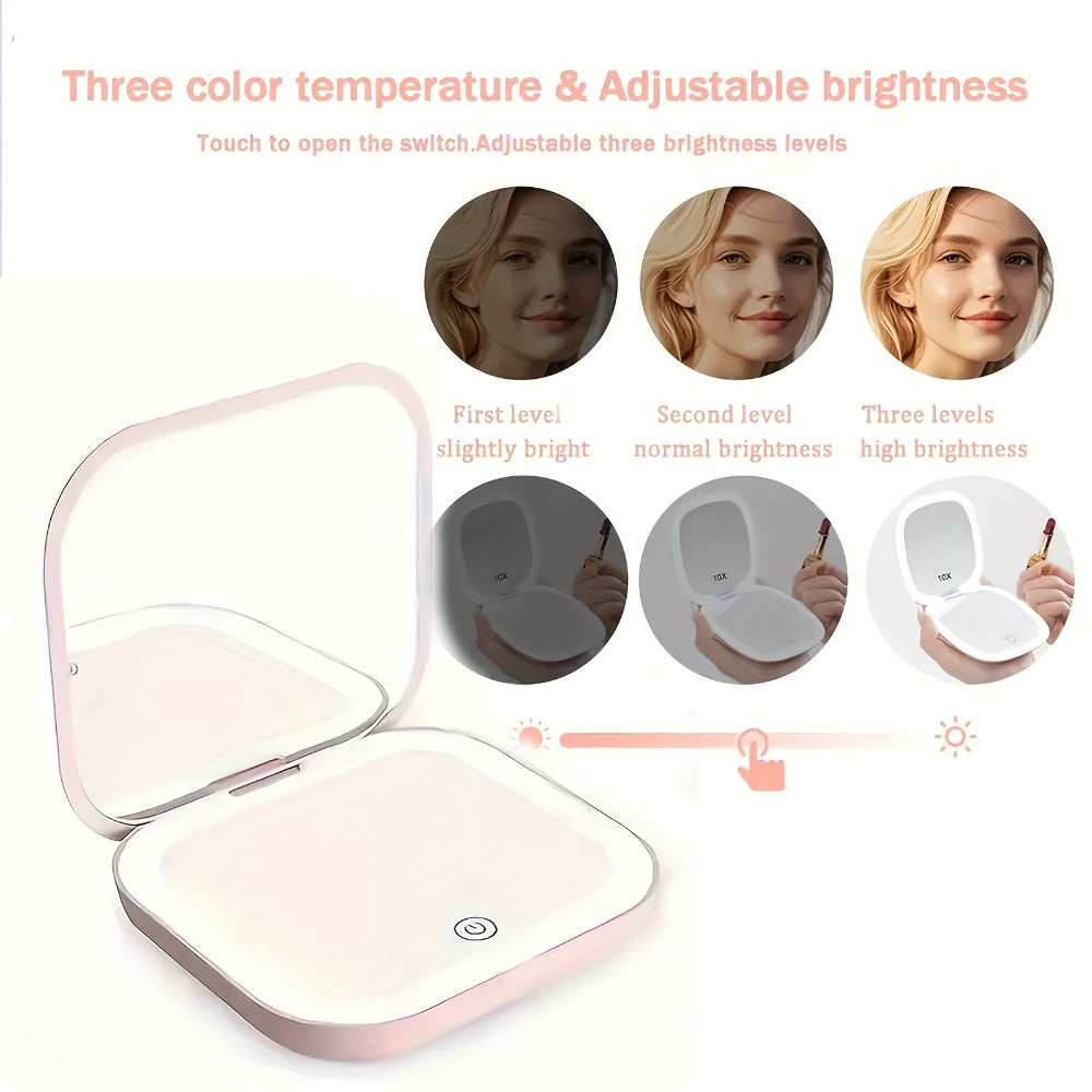 Foldable LED Makeup Mirror Double-Sided 1X 2X Magnification – Handheld Lighted Mirror, for Makeup, Travel and Everyday Vanity