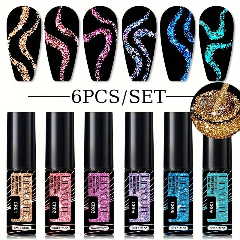Reflective Liner Nail Art Gel Six-Bottle Set with 5ml CR01 to CR06 Colors and Slim Brushes for Detail Lines — image 23