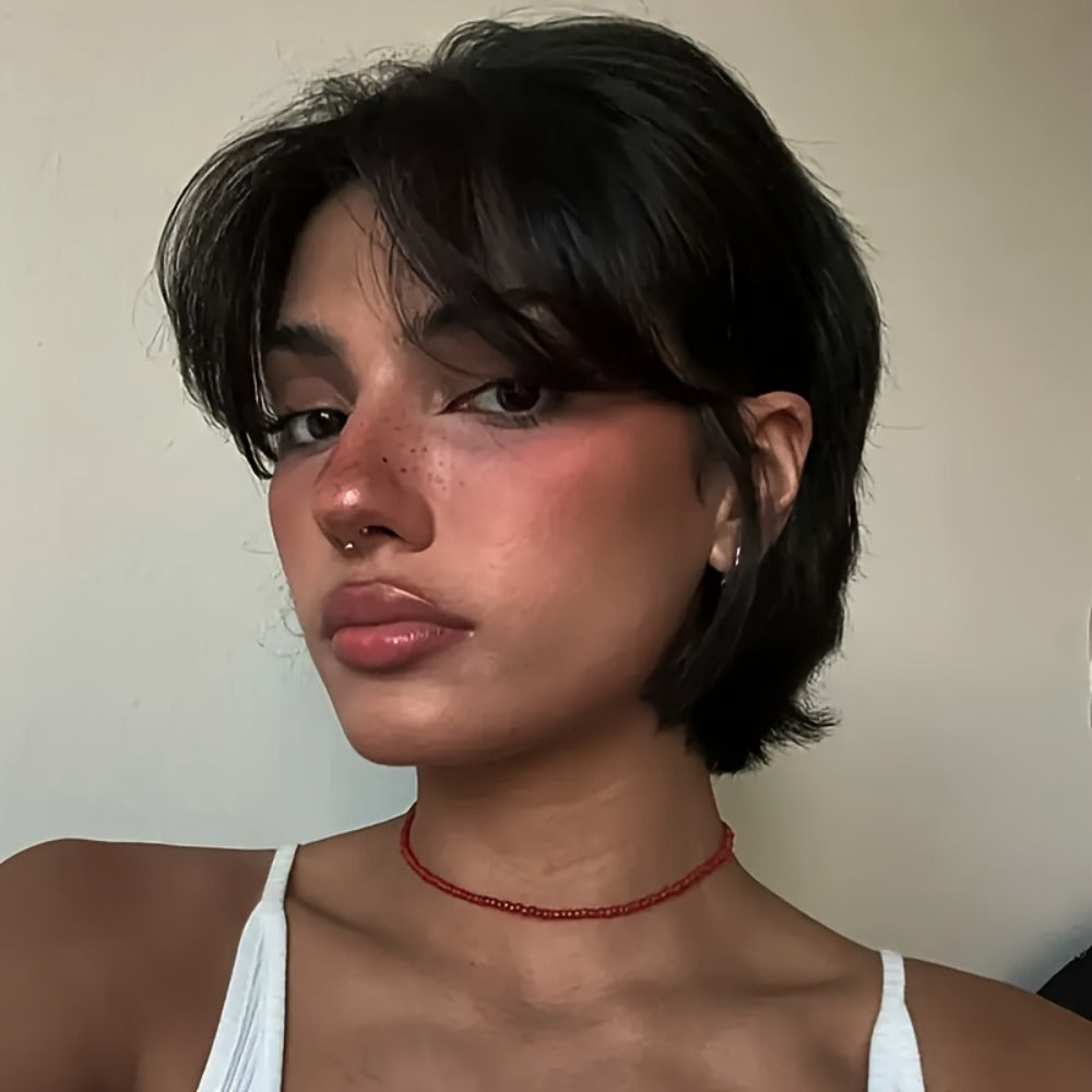 Pixie Cut Wig Human Hair with Bangs Glueless Short Brazilian Layered Machine Made Throw-On-and-Go Hairpiece Natural Black 1B 