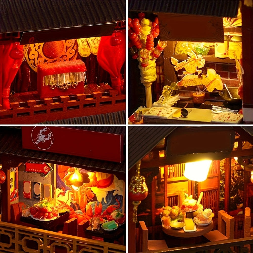 Book Nook Kit Chinese Food Street Miniature Dollhouse 3D Wooden Puzzle Bookshelf Insert DIY Model Building Set for Adults Tee