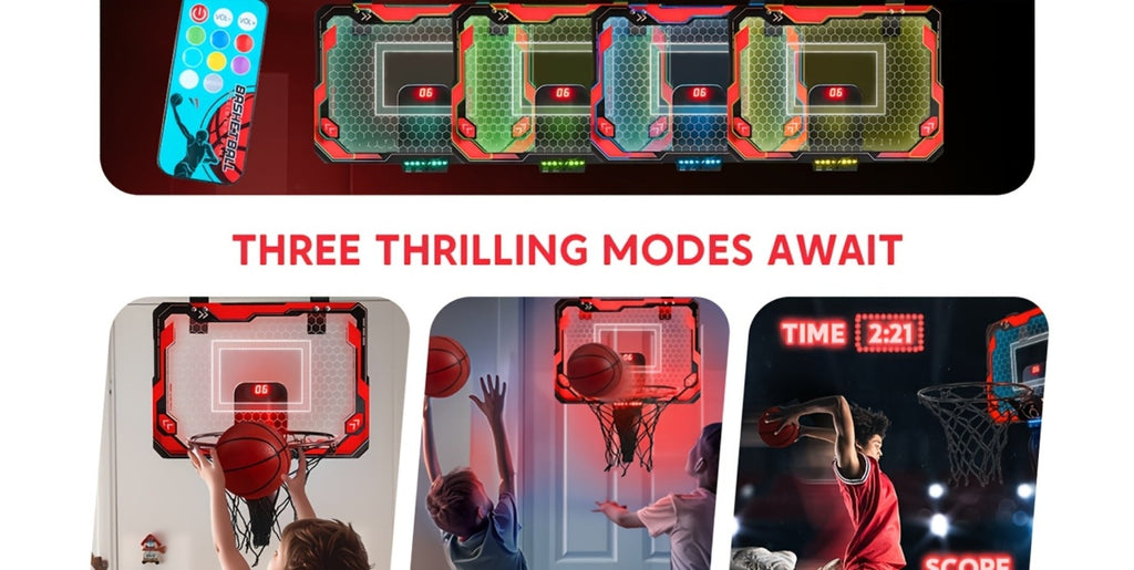 Indoor Basketball Hoop for Kids Over the Door, Light Up LED Scoreboard 4 Balls Air Pump 3 Game Modes 7 Light Shows — image 16