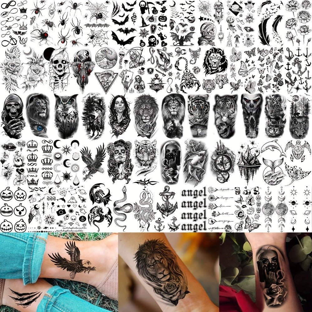 Temporary Tattoos, 71-Sheet Old School and Gothic Set with Tiger, Wolf, Lion, Dragon, Skull and Floral Motifs — image 7